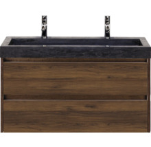 Wastafelonderkast met twee laden en donker wastafelblad