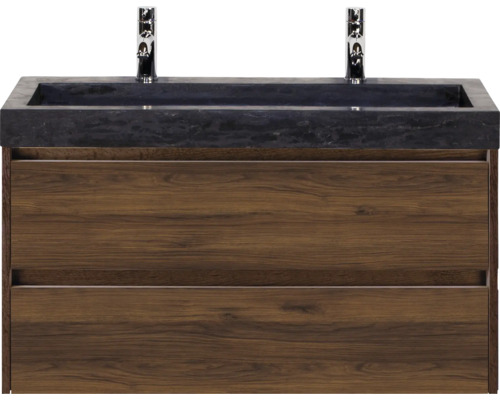 Wastafelonderkast met twee laden en donker wastafelblad