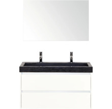 Wastafelmeubel met spiegel, zwart wastafelblad en witte laden