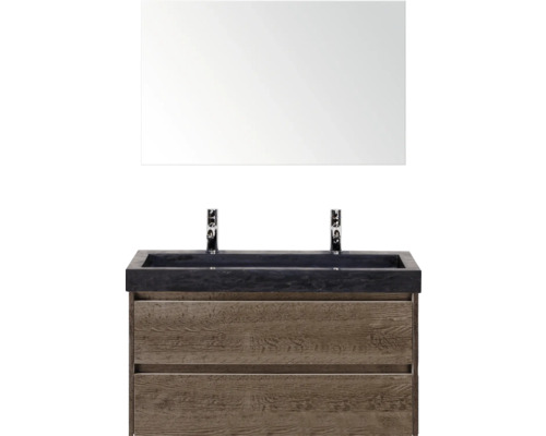 SANOX Badkamermeubelset Dante tabacco 100 cm met twee lades incl. natuurstenen wastafel Lucca met twee kraangaten en spiegel Wastafelcombinatie met spiegel, wastafel en tweehendelmengkraan voor de badkamer