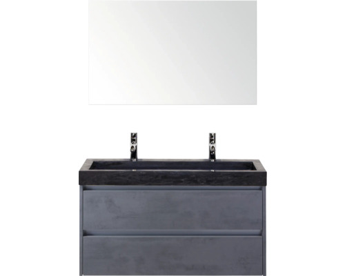 SANOX Badkamermeubelset Dante beton antraciet 100 cm met twee lades incl. natuurstenen wastafel Lucca met twee kraangaten en spiegel Wastafelmeubel met twee lades, opzetwastafel en spiegel voor de badkamer