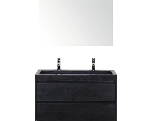 SANOX Badkamermeubelset Dante black oak 100 cm met twee lades incl. natuurstenen wastafel Lucca met twee kraangaten en spiegel Wastafelcombinatie met spiegel, onderkast, wastafel en kranen