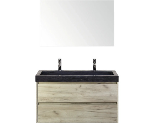 SANOX Badkamermeubelset Dante craft oak 100 cm met twee lades incl. natuurstenen wastafel Lucca met twee kraangaten en spiegel Wastafelcombinatie met spiegel, wastafel, kranen en onderkast