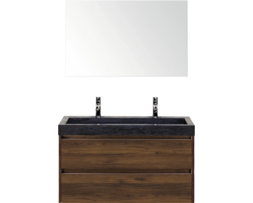 SANOX Badkamermeubelset Dante walnoot 100 cm met twee lades incl. natuurstenen wastafel Lucca met twee kraangaten en spiegel Wastafelcombinatie met spiegel, wastafel en onderkast