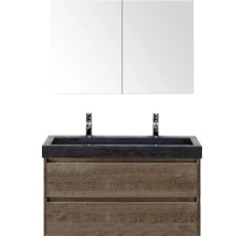 Wastafelmeubel met spiegel, twee lades en zwarte stenen wasbak