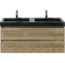 Wastafelmeubel met twee wastafels, kranen en houten lades