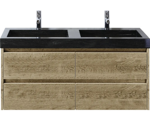 Wastafelmeubel met twee wastafels, kranen en houten lades