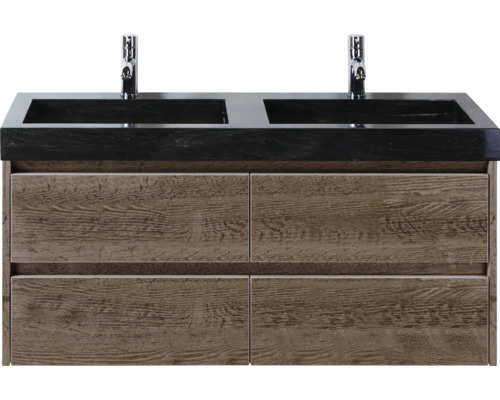 SANOX Badkamermeubelset Dante tabacco 120 cm met vier lades incl. dubbele natuurstenen wastafel Lucca met twee kraangaten Wastafelonderkast met dubbele wastafel, houtlook en vier lades