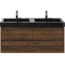 Wastafelmeubel met twee wastafels, armaturen en houten kasten