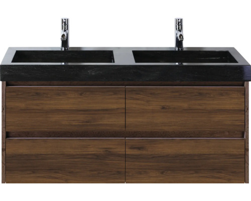 Wastafelmeubel met twee wastafels, armaturen en houten kasten