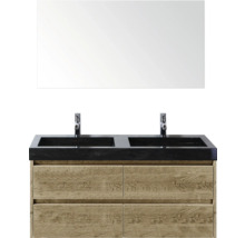 Wastafelmeubel met twee wastafels, spiegel en houten onderkast voor de badkamer