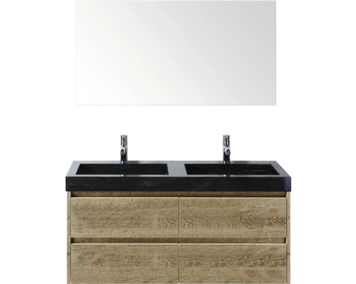 Wastafelmeubel met twee wastafels, spiegel en houten onderkast voor de badkamer