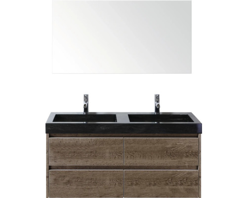 SANOX Badkamermeubelset Dante tabacco 120 cm met vier lades incl. dubbele natuurstenen wastafel Lucca met twee kraangaten en spiegel Wastafelmeubel met dubbele wastafel en spiegel voor de badkamer