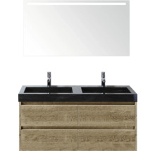 Wastafelmeubel met twee wastafels, onderkast met laden en spiegel met verlichting voor de badkamer