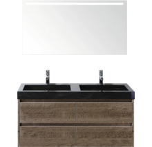 Wastafelmeubel met twee wastafels, onderkast met vier laden en spiegel met verlichting