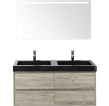 Wastafelmeubel met twee wastafels, kranen, onderkast en spiegel met verlichting voor de badkamer