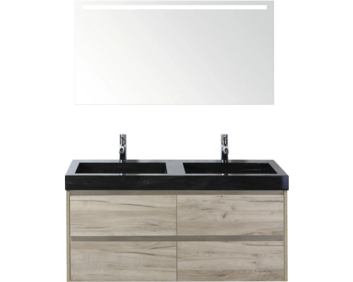 Wastafelmeubel met twee wastafels, kranen, onderkast en spiegel met verlichting voor de badkamer