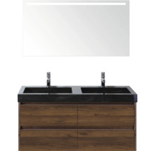 Wastafelmeubel met dubbele wastafel, houten onderkast en verlichte spiegel voor badkamer