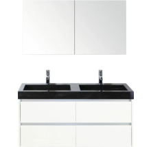 Wastafelmeubel met twee wastafels, kranen, onderkast en spiegelkast voor de badkamer