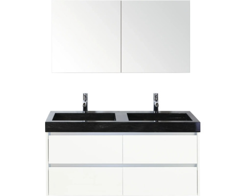 Wastafelmeubel met twee wastafels, kranen, onderkast en spiegelkast voor de badkamer