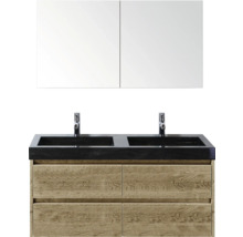 Dubbele wastafel met twee waskommen, kranen, onderkast en spiegelkast voor de badkamer.