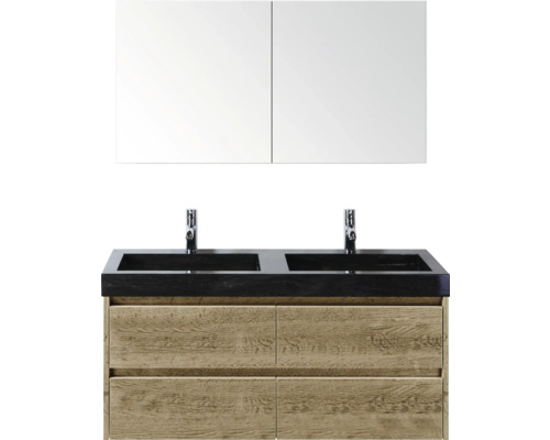 Dubbele wastafel met twee waskommen, kranen, onderkast en spiegelkast voor de badkamer.