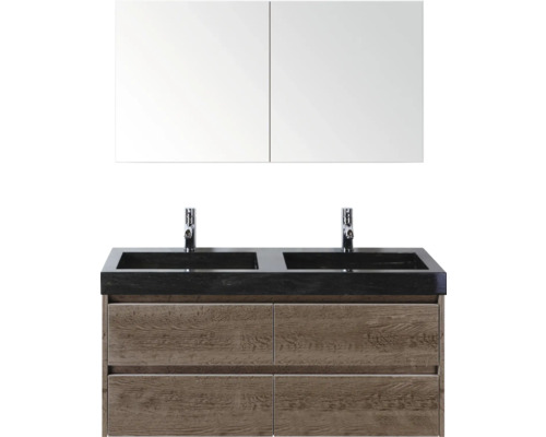 Wastafelcombinatie met twee wastafels, kranen, onderkast en spiegelkast
