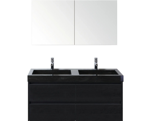 Wastafelcombinatie met twee wastafels, twee kranen en spiegelkast