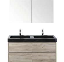 Badkamermeubelset met dubbele wastafel, spiegelkast en houten onderkast