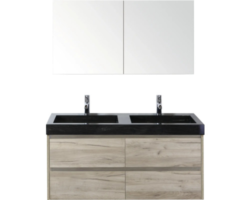 Badkamermeubelset met dubbele wastafel, spiegelkast en houten onderkast