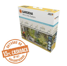 Gardena Micro-Drip-System druppelbesproeiingsset voor terrassen verpakking met Gardena Logo en 15 procent cashbackactie.
