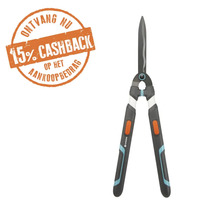 Gardena heggenschaar met rechte messen, ergonomische handgrepen en een actiezegel voor 15 procent cashback op het aankoopbedrag.