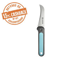 Gardena oogstmes met gebogen roestvrijstalen lemmet, ergonomische handgreep, Gardena Logo en zegel voor 15 procent cashback.
