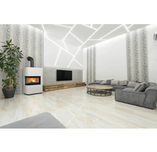 Woonkamer met open haard, televisie en bank voor een lichte, moderne sfeer