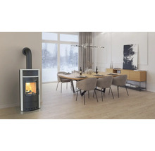 Woonkamer met houtkachel, eettafel en stoelen onder een hanglamp.