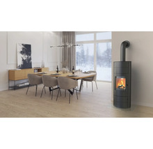 Woonkamer met eettafel, stoelen en houtkachel.