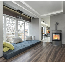 Woonkamer met vensterbank, open haard en projector