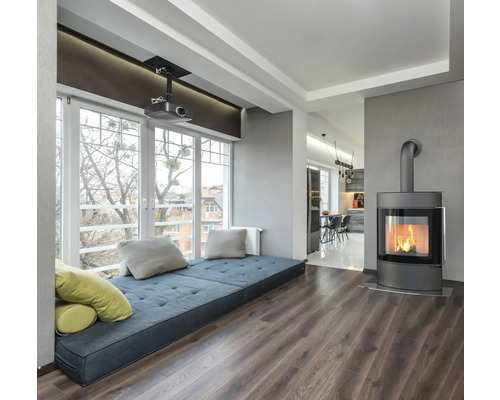 Woonkamer met vensterbank, open haard en projector