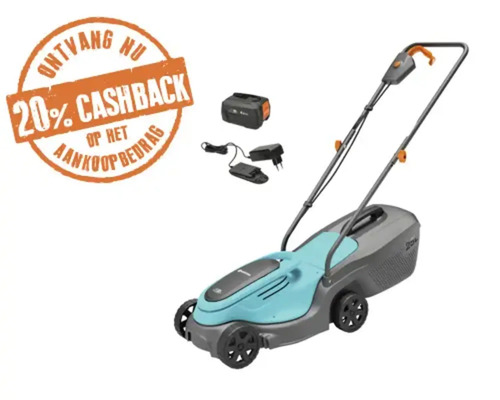 Accu-grasmaaierset inclusief accu en oplader met 20 procent cashback actie.