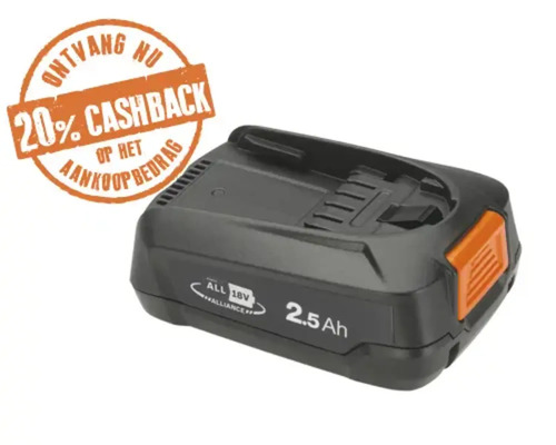 Accu 18 Volt, 2,5 Ampère-uur, Power for All Alliance, 20 procent cashback op het aankoopbedrag.