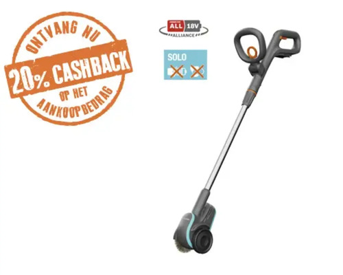 Gardena accu-onkruidborstel EasyWeed voor 18 Volt accusysteem, zonder accu en lader, met 20 procent cashback actie en Power for all Alliance Logo.