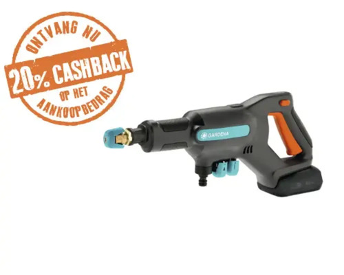 Gardena accu-middendrukreiniger met vermelding van 20 procent cashback actie.
