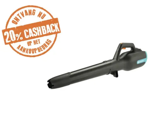 Gardena accu bladblazer met symbool voor 20 procent cashback.