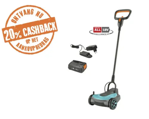 Accu-grasmaaier HandyMower met 18 Volt accu en oplader. 20 procent cashback actie. Power For All Alliance Logo.