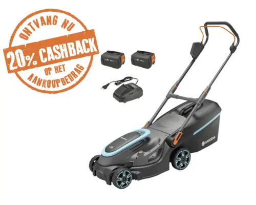Gardena accu-grasmaaierset met twee accu's en oplader. Zegel voor 20 procent cashback.