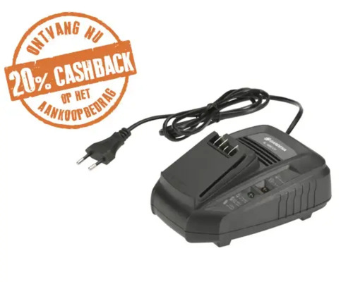Gardena acculader met netsnoer en stekker. Zegel 20 procent cashback op het aankoopbedrag.