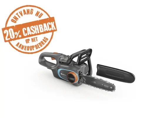 Gardena accu-kettingzaag met 20 procent cashback-actie.