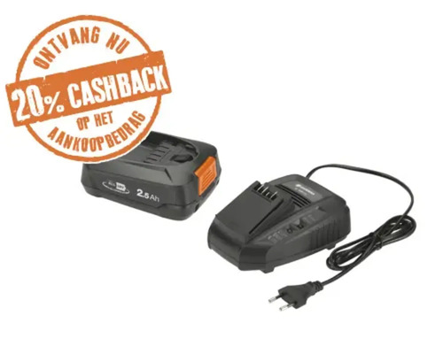 GARDENA starterset met 18 Volt accu 2,5 ampère-uur en oplader met een zegel voor 20 procent cashback op het aankoopbedrag.
