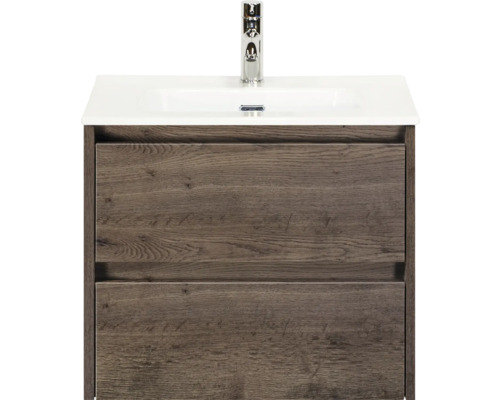 SANOX Badkamermeubelset Dante tabacco 60 cm met twee lades incl. keramische wastafel Cover met één kraangat Wastafelonderkast met twee laden en wastafel