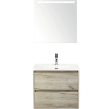 Wastafelmeubel met twee laden, wastafel, kraan en spiegel met verlichting